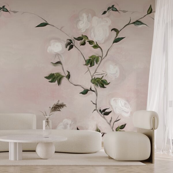 Painting of a branch with white flowers and green leaves Painting of a branch with white flowers and green leaves