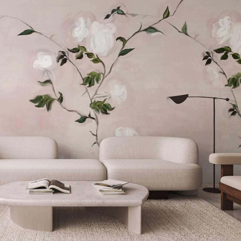 Painting of a branch with white flowers and green leaves Painting of a branch with white flowers and green leaves