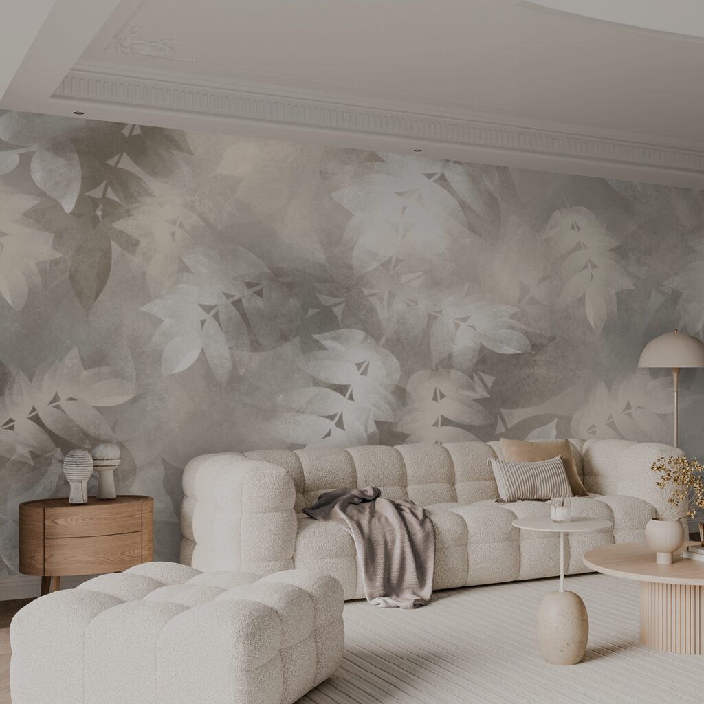 Grey and white background with leaves