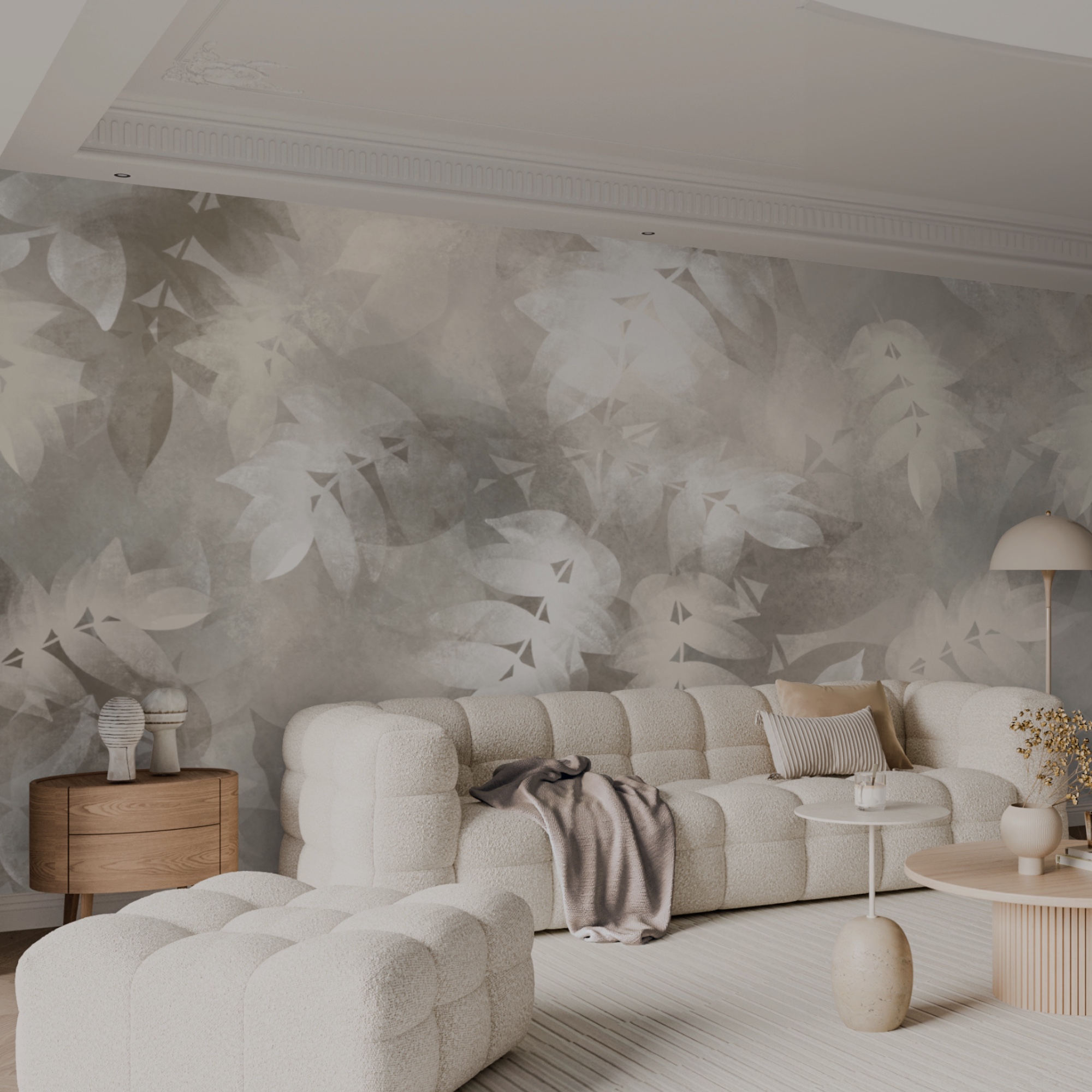 Grey and white background with leaves