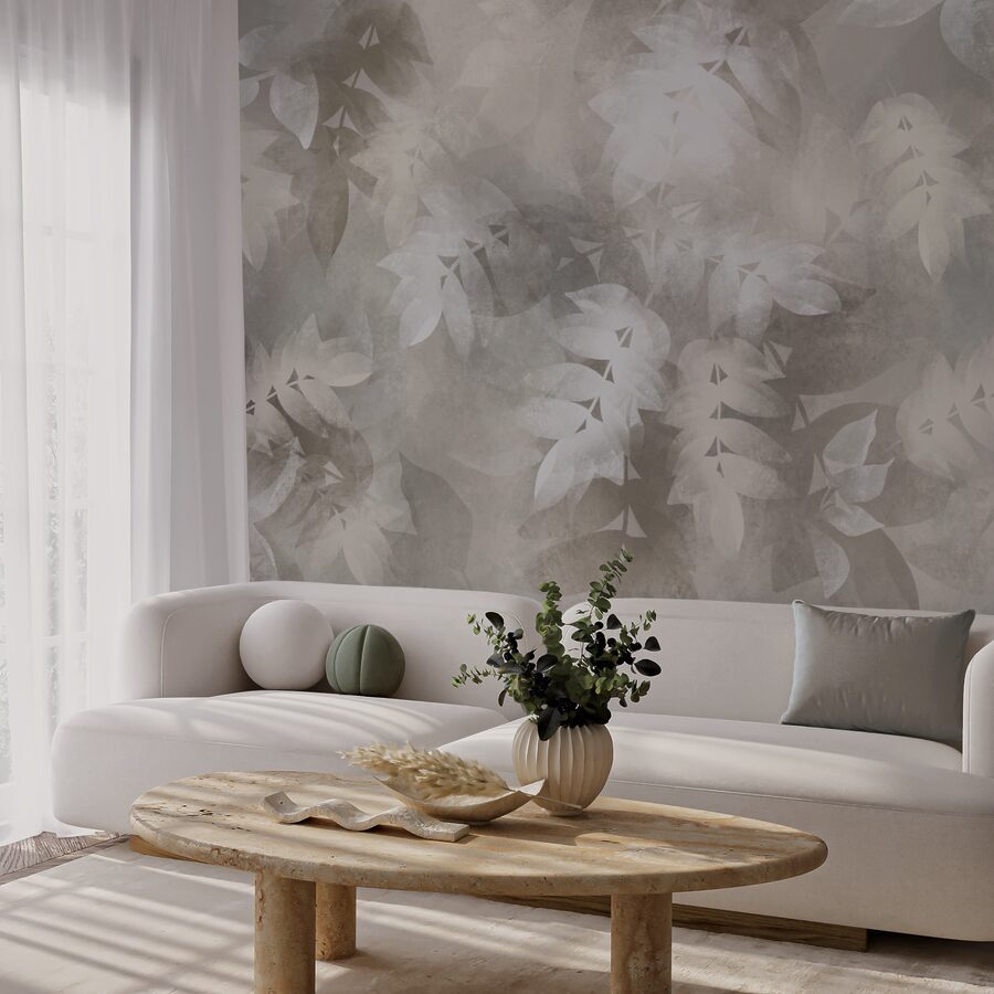 Grey and white background with leaves