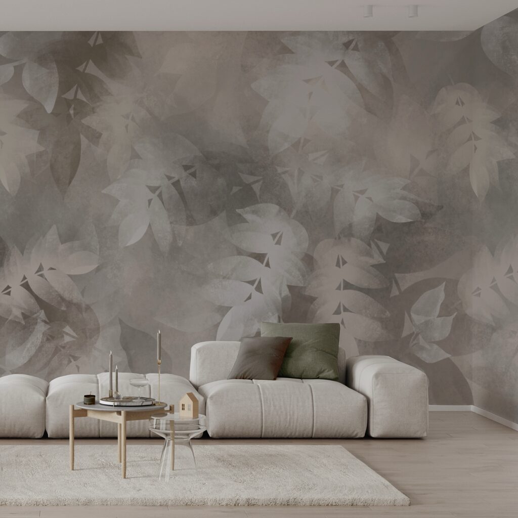 Grey and white background with leaves