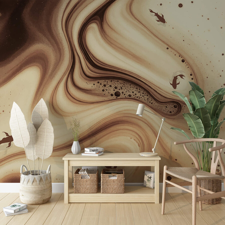 Brown and white swirly waves with fish silhouettes