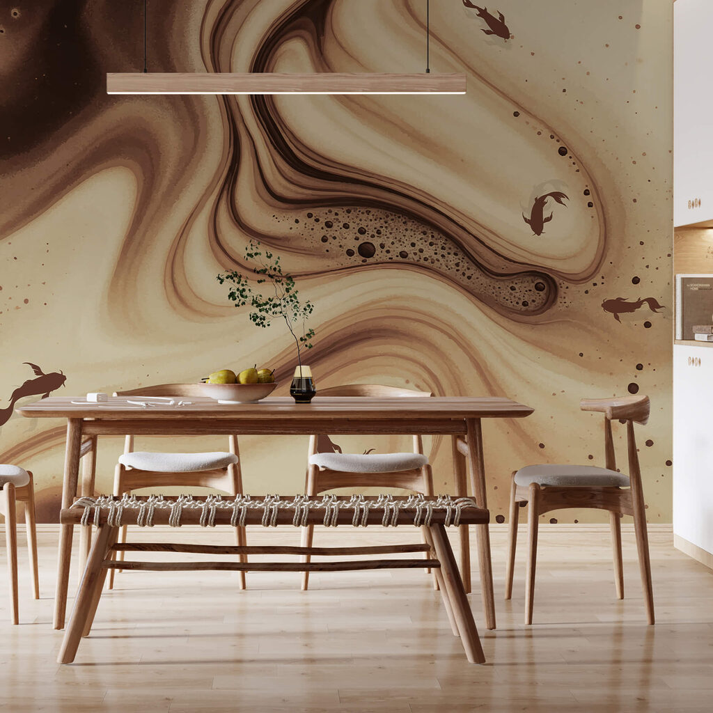 Brown and white swirly waves with fish silhouettes