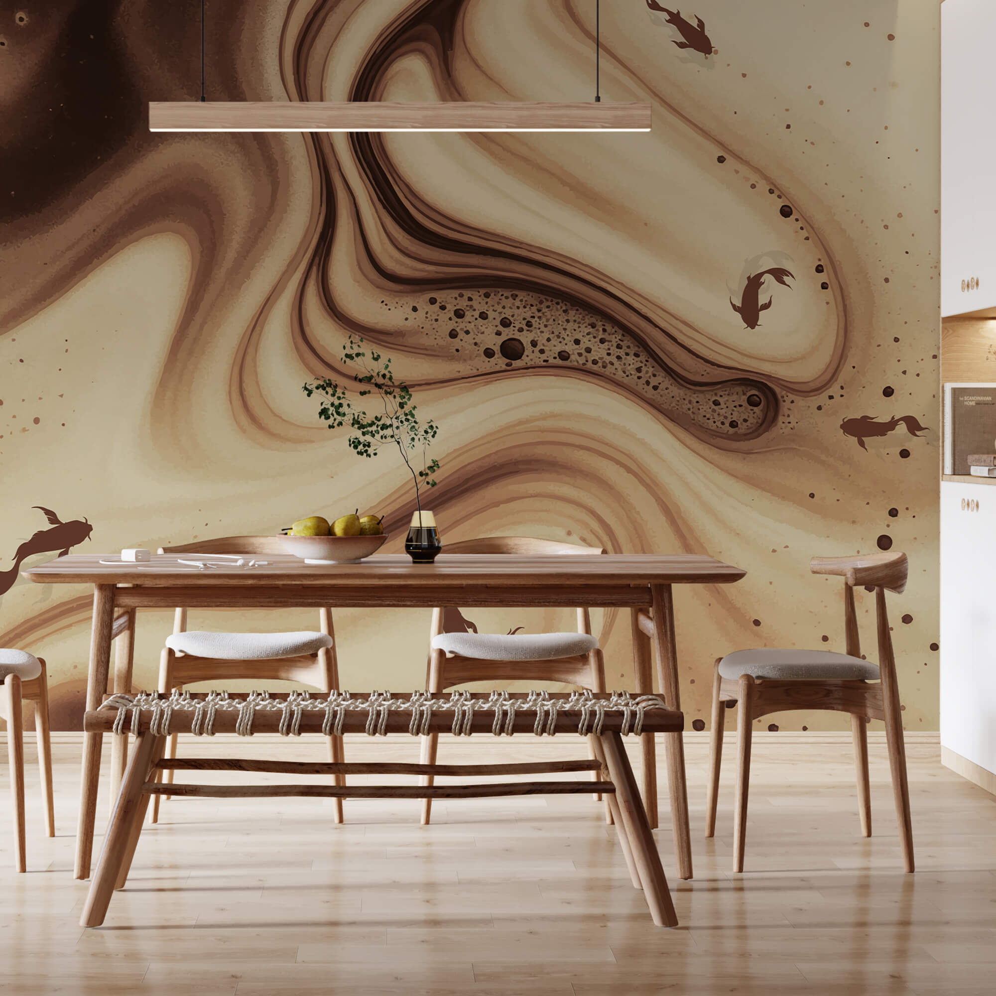 Brown and white swirly waves with fish silhouettes