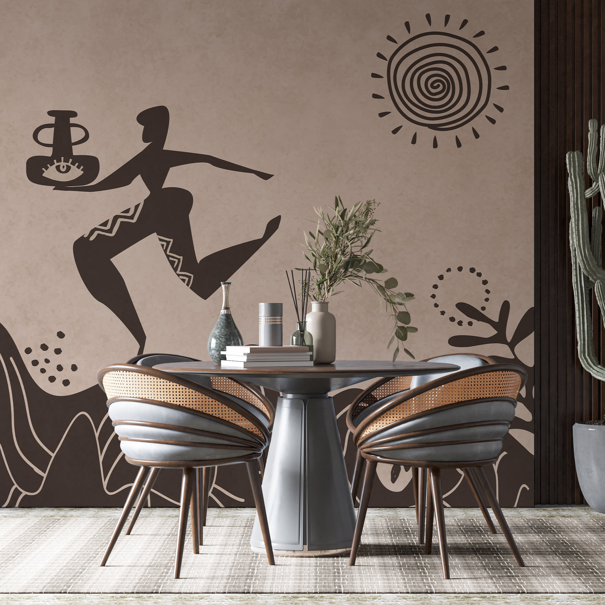 Drawing of a man holding a pot and a pot on a mountain