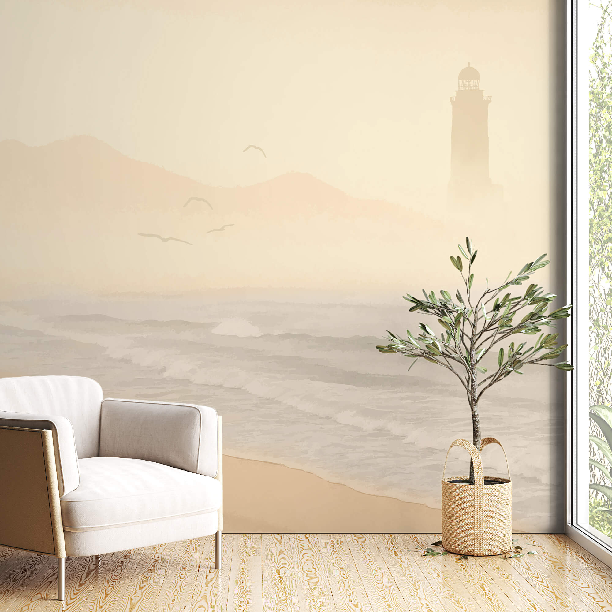 Beach with waves and birds