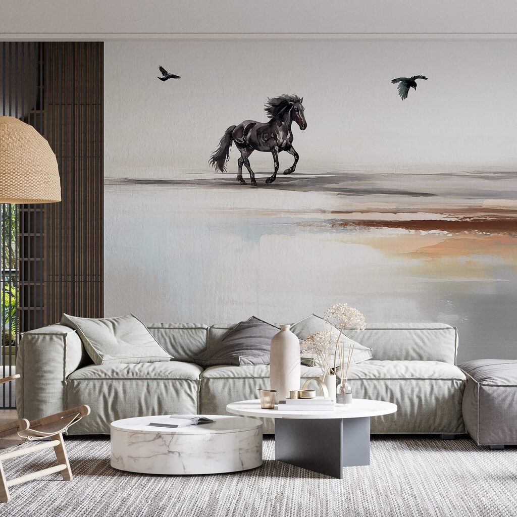 Painting of a horse running on a beach with birds flying