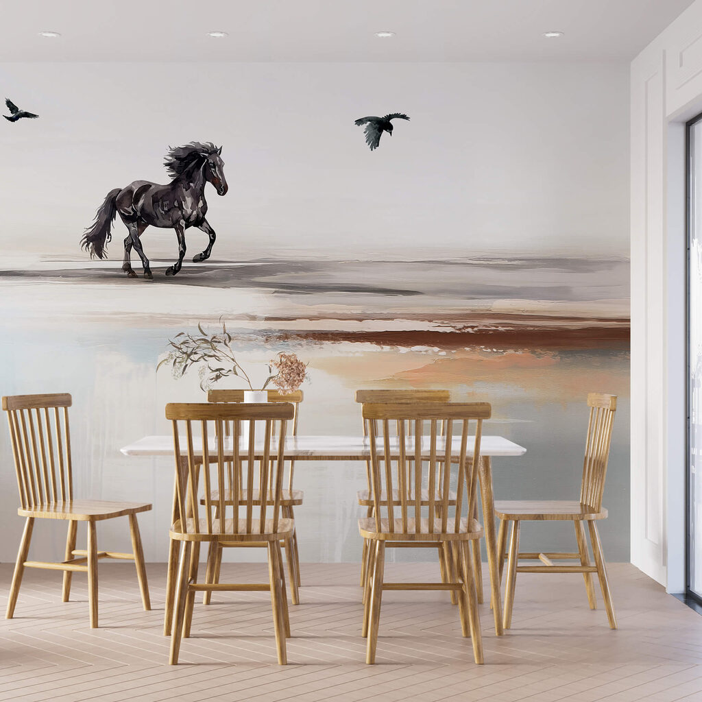 Painting of a horse running on a beach with birds flying
