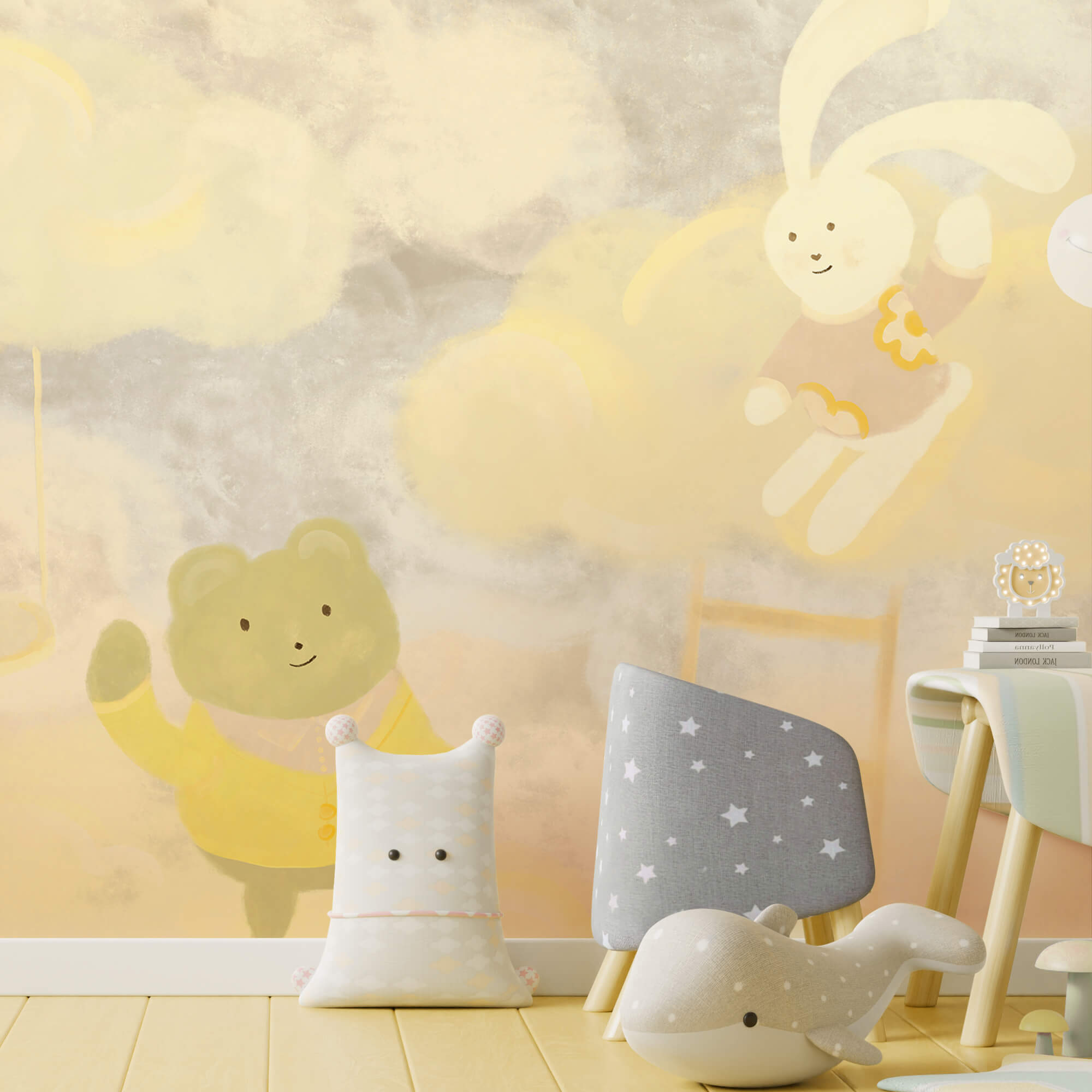 Cartoon bear and bunny in the clouds