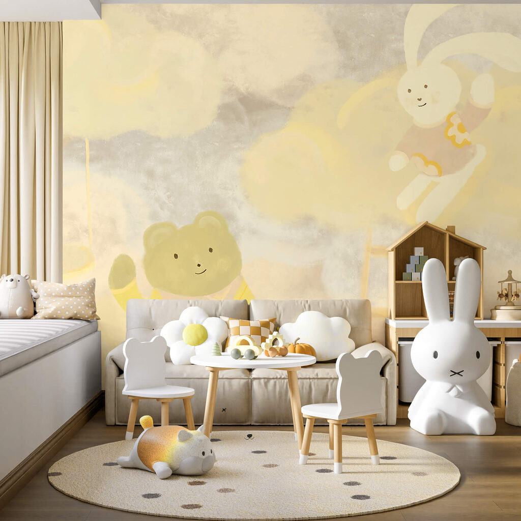 Cartoon bear and bunny in the clouds Cartoon bear and bunny in the clouds