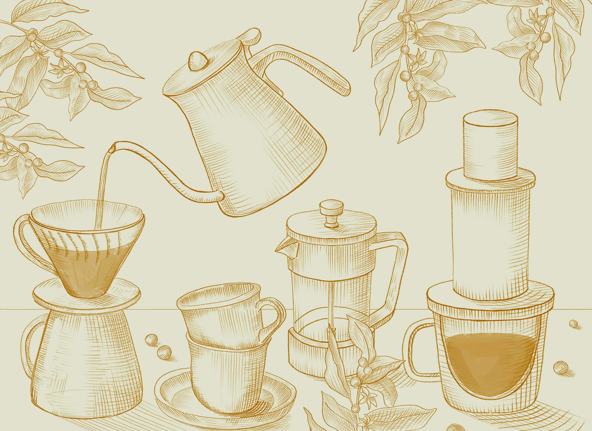 Drawing of coffee brewing Drawing of coffee brewing