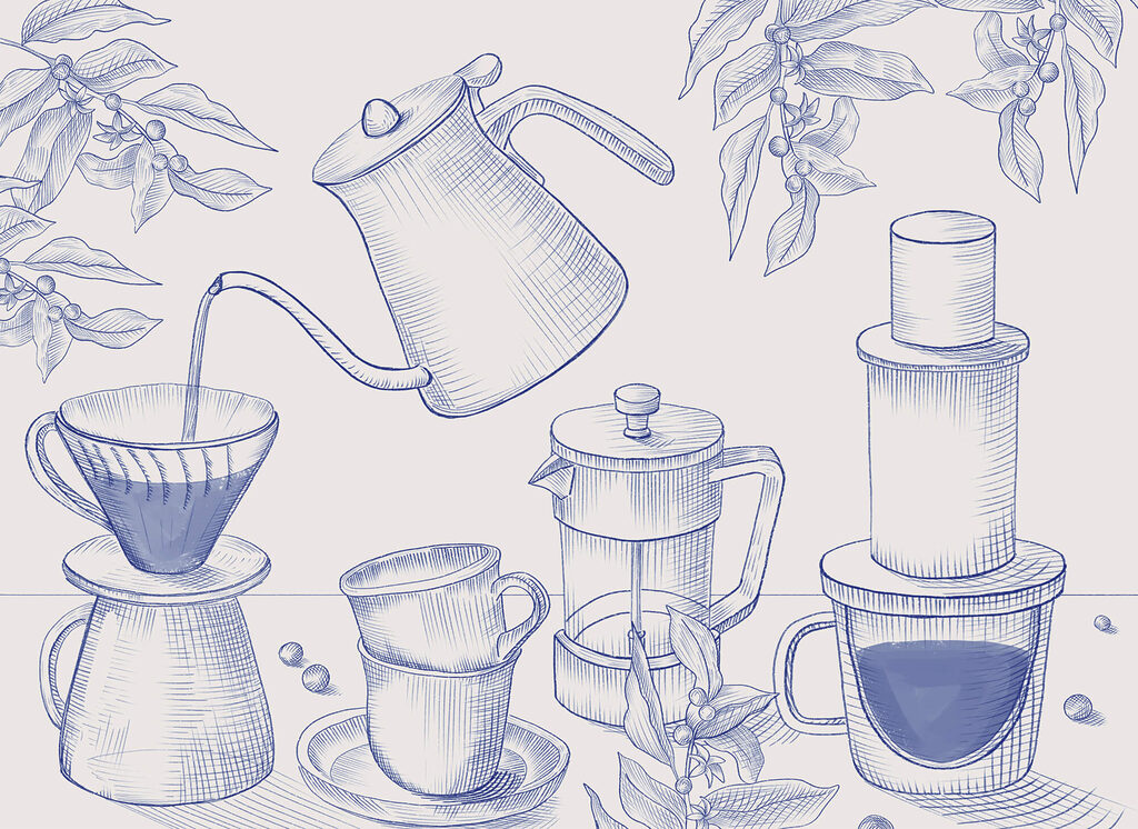 Drawing of coffee brewing process Drawing of coffee brewing process