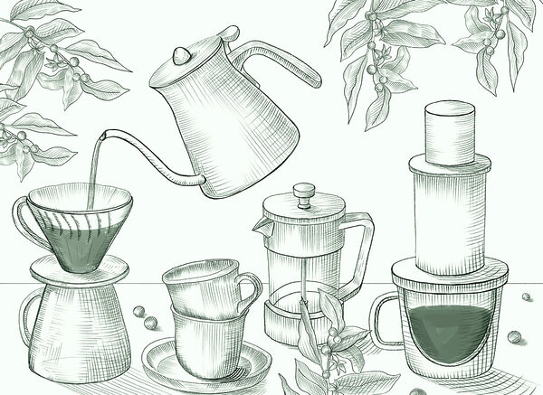 Drawing of coffee brewing Drawing of coffee brewing