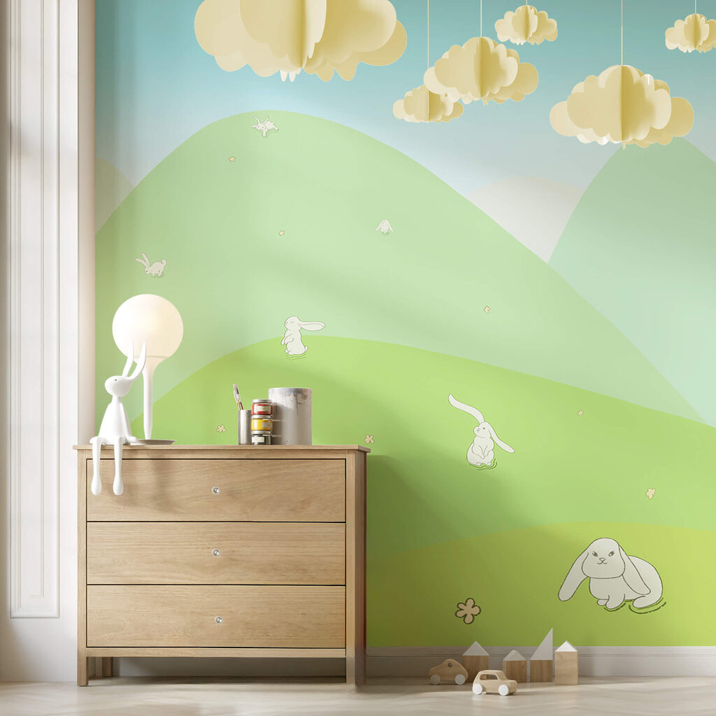 Cartoon of bunnies on a green hill Cartoon of bunnies on a green hill