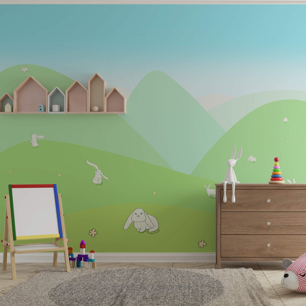 Cartoon of bunnies on a green hill Cartoon of bunnies on a green hill