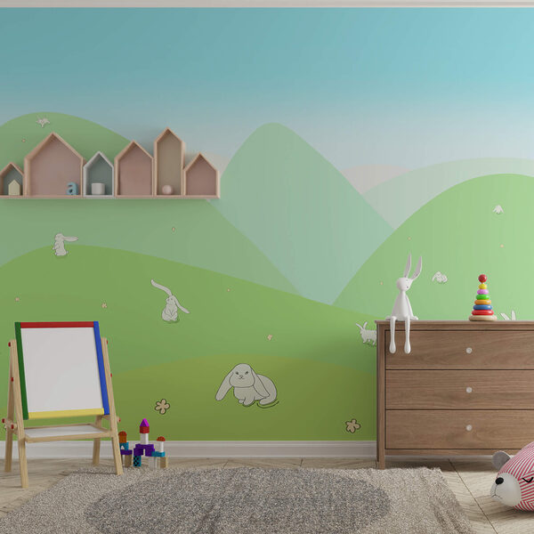 Cartoon of bunnies on a green hill Cartoon of bunnies on a green hill