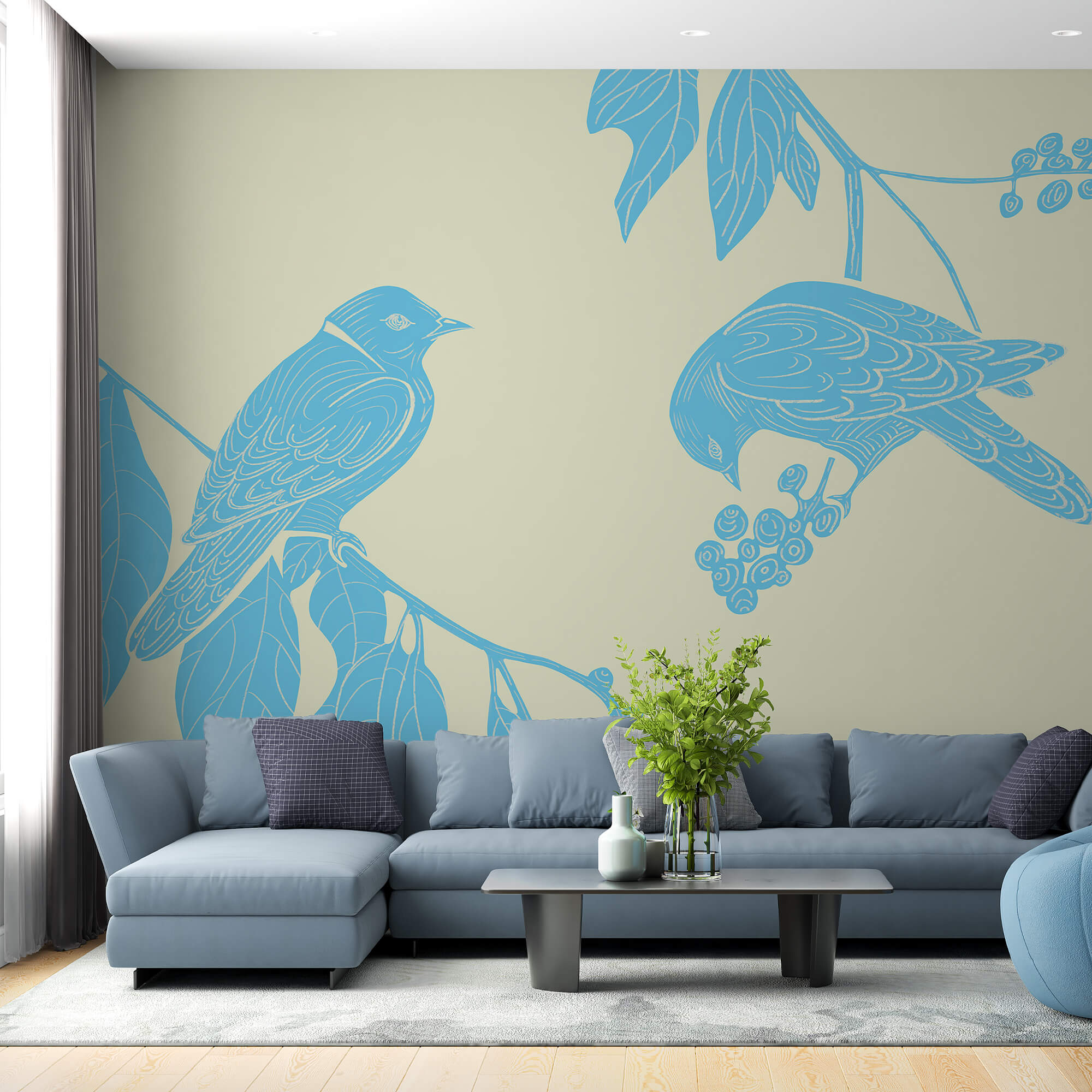 Drawing of birds on a branch