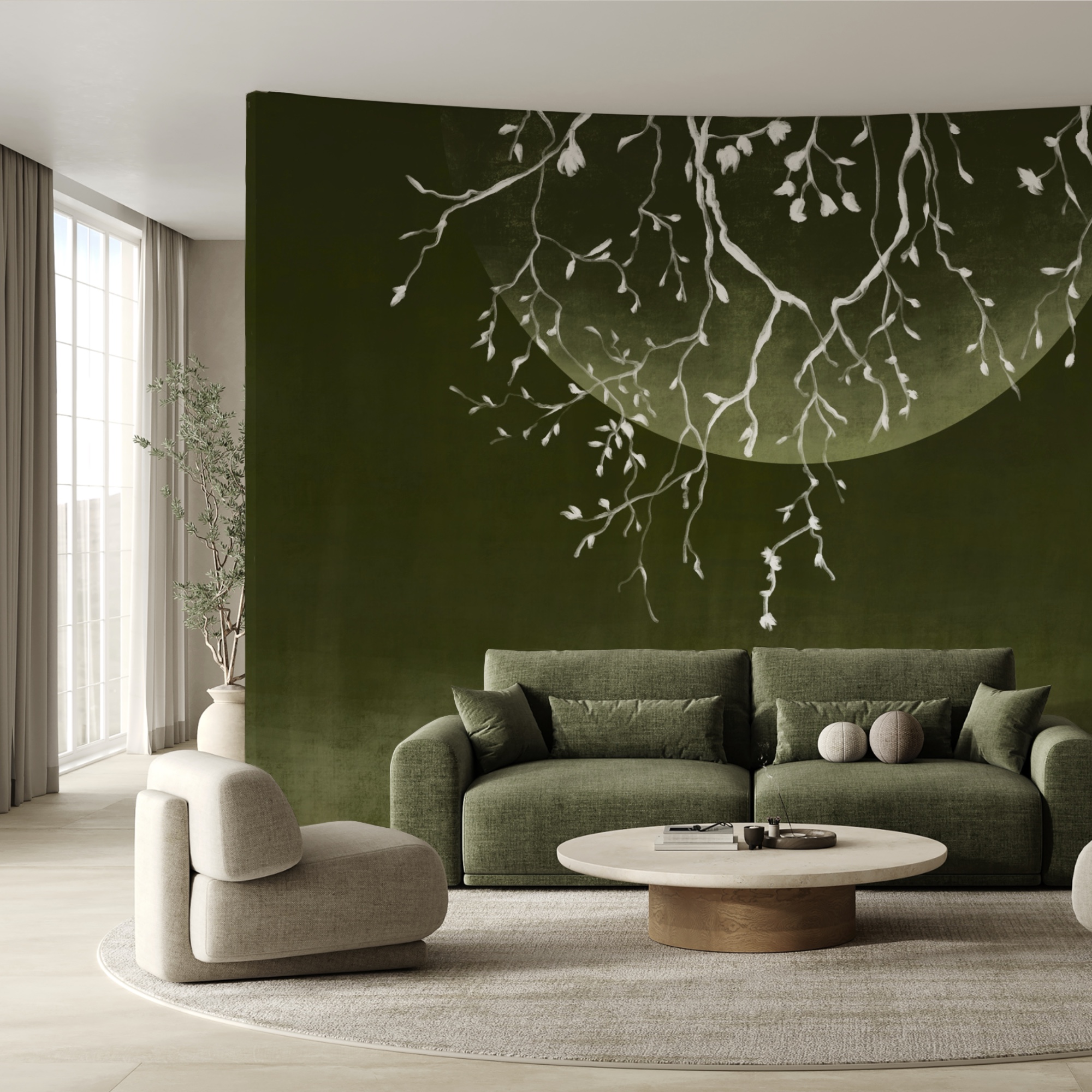 Tree branches with leaves and a moon