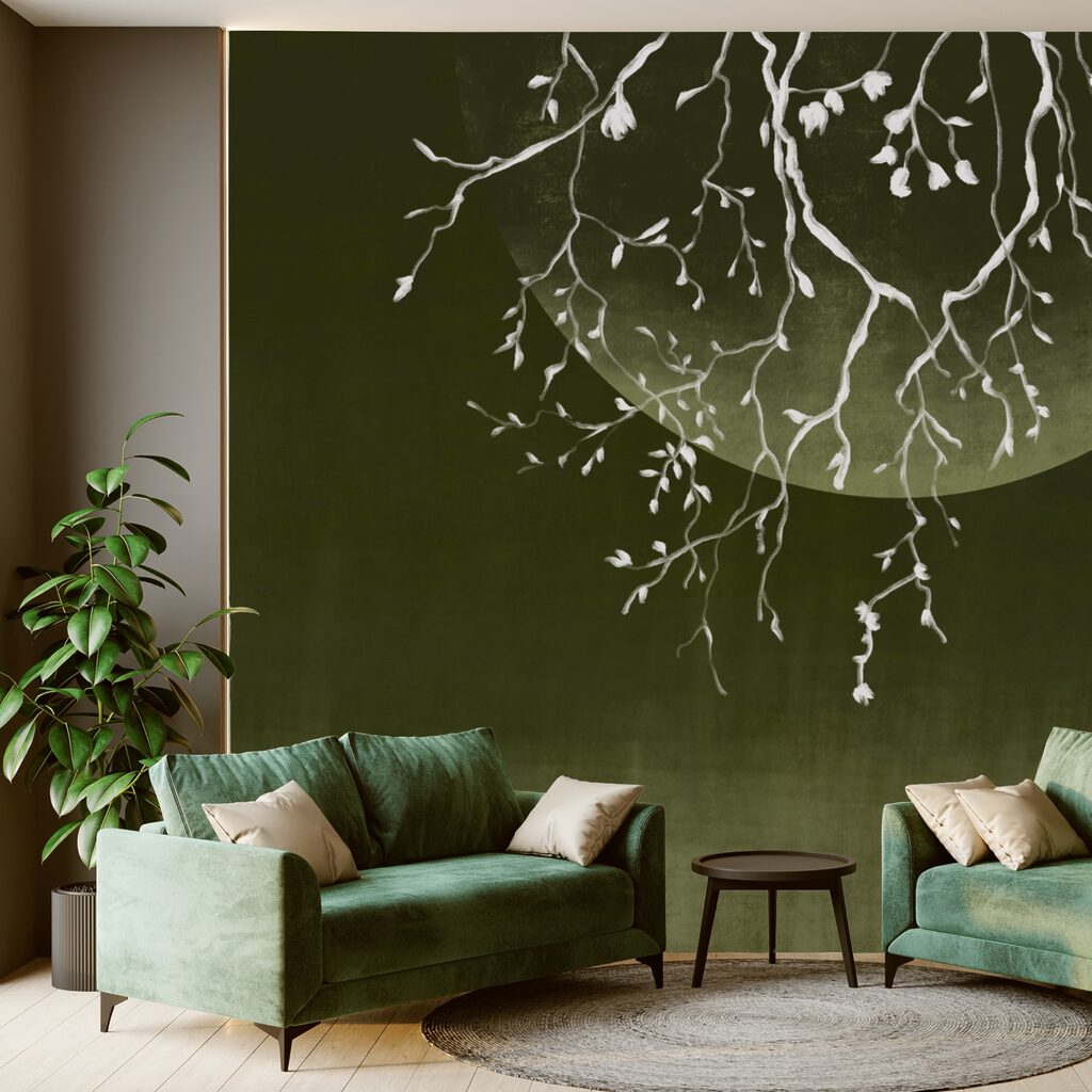 Tree branches with leaves and a moon