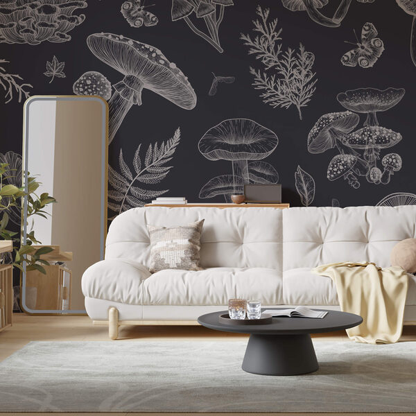 Pattern of mushrooms and leaves