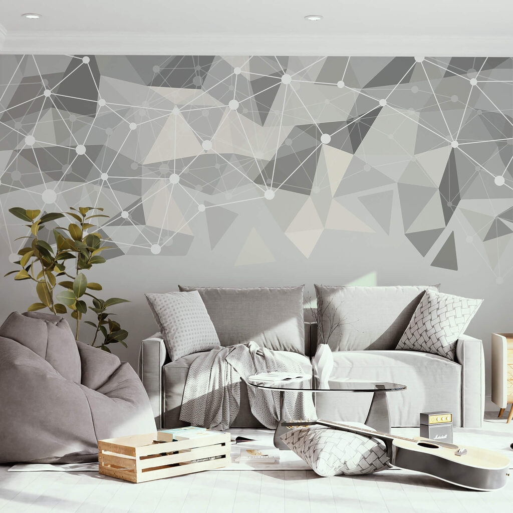 Grey and white background with white dots and triangles
