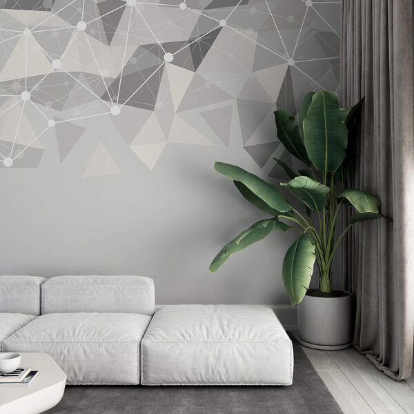 Grey and white background with white dots and triangles