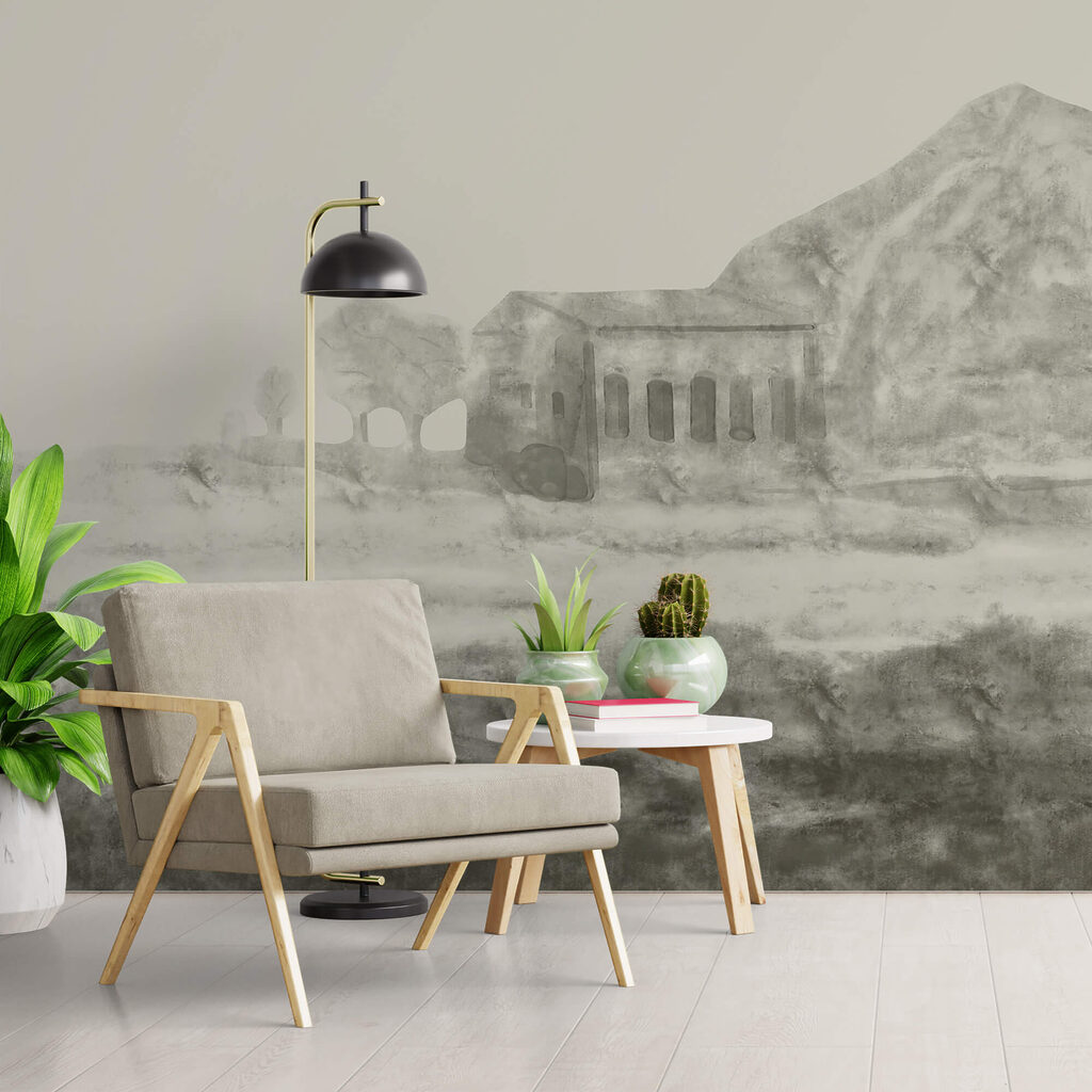 Drawing of a building and a mountain