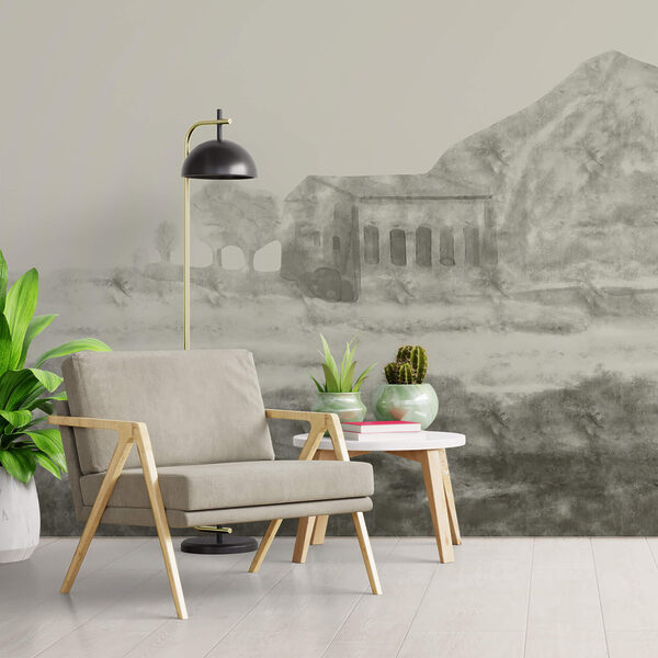 Drawing of a building and a mountain