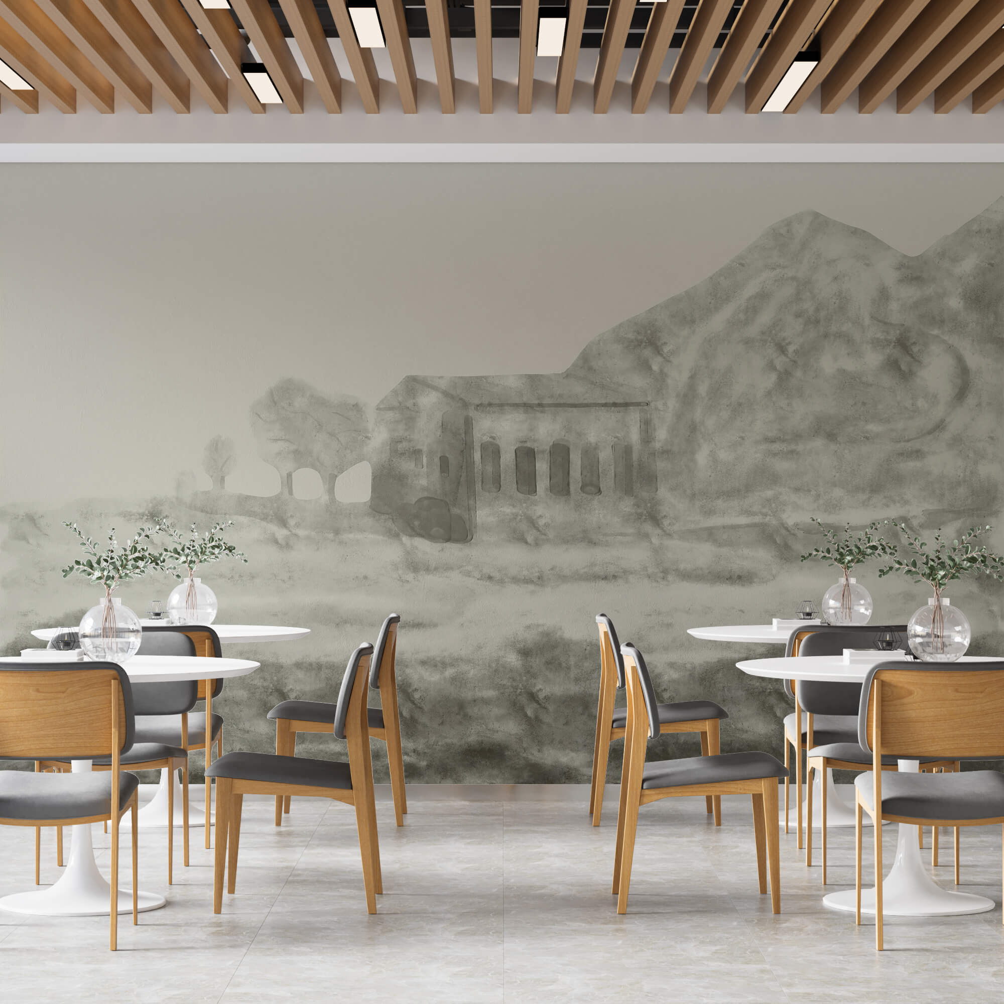 Drawing of a building and a mountain