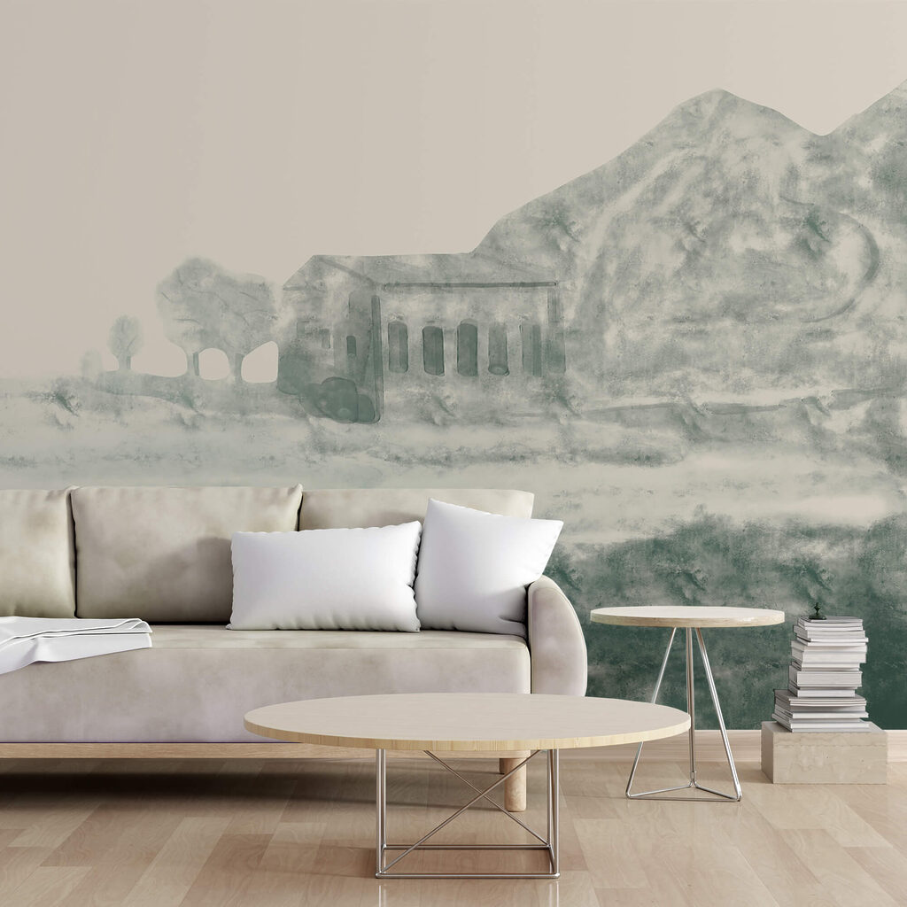 Painting of a building and a mountain Painting of a building and a mountain