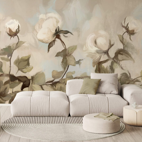 Wall murals Wall murals Painting of white flowers and leaves (SKU: t00343)