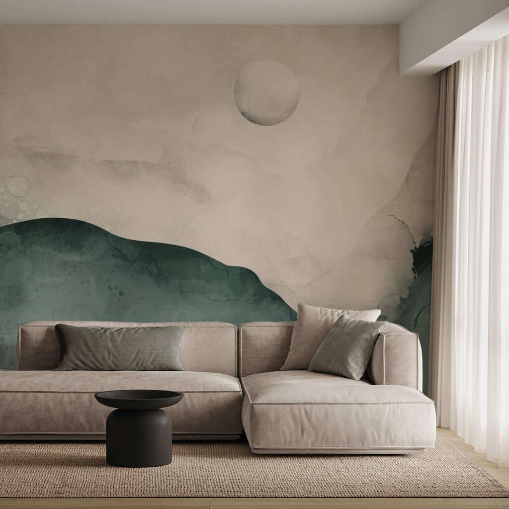 Painting of a mountain with a moon in the sky Painting of a mountain with a moon in the sky