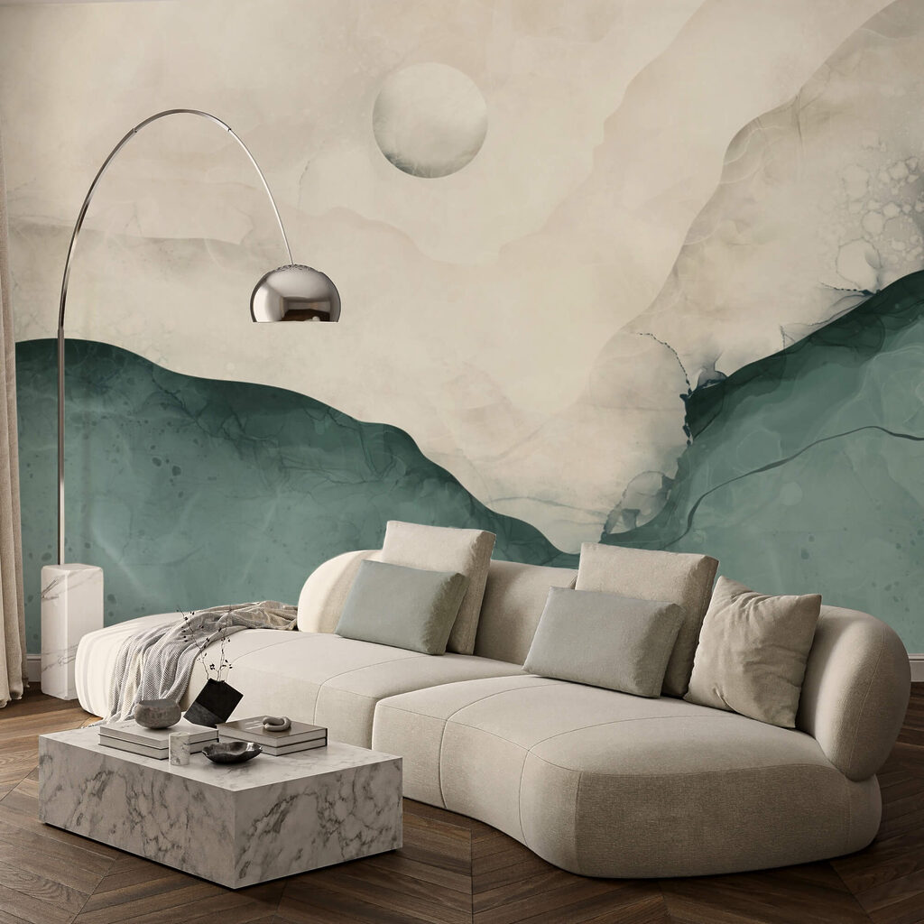 Painting of a mountain with a moon in the sky Painting of a mountain with a moon in the sky