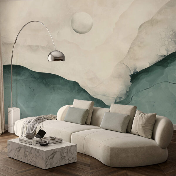 Painting of a mountain with a moon in the sky Painting of a mountain with a moon in the sky