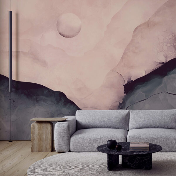 Painting of a mountain with a moon