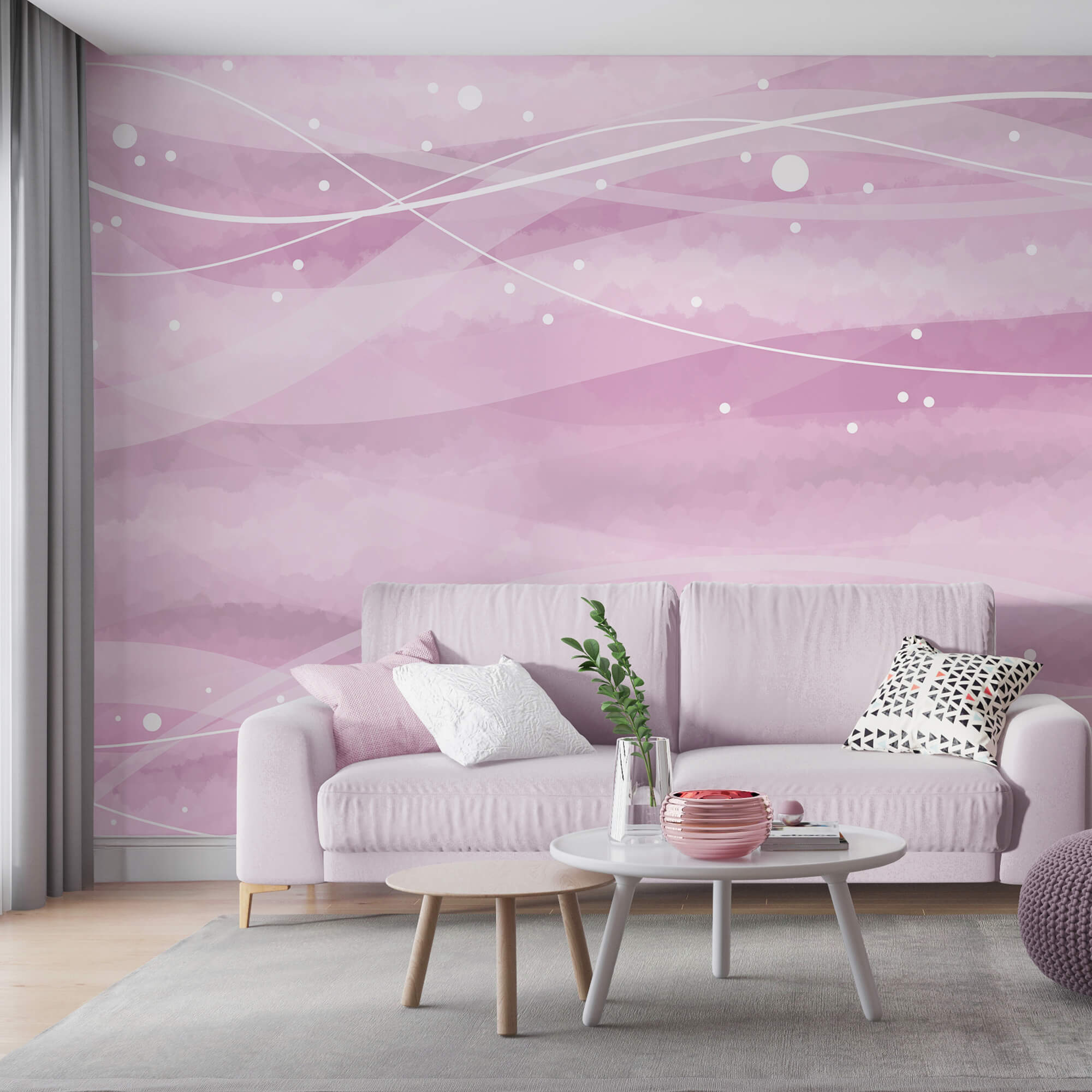 Pink background with white lines and dots