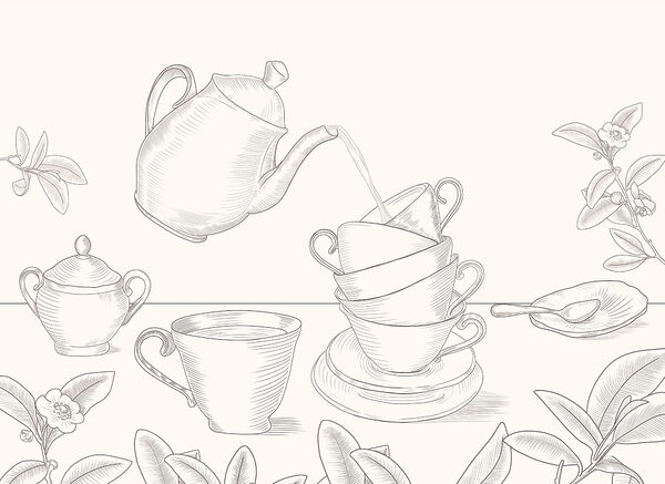 Teapot pouring into a stack of teacups