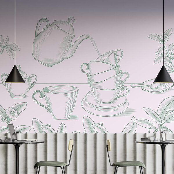 Teapot pouring tea into a stack of teacups