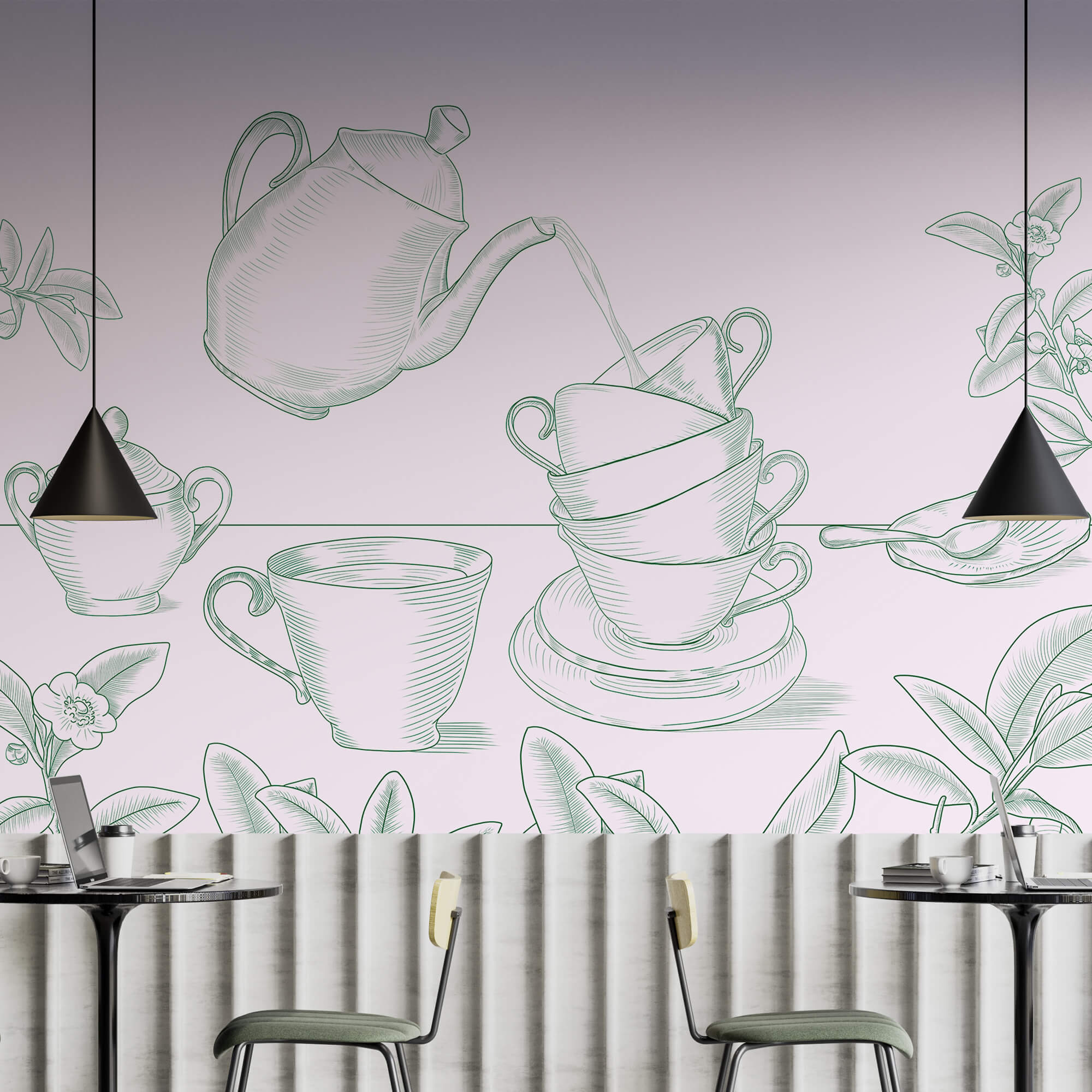 Teapot pouring tea into a stack of teacups