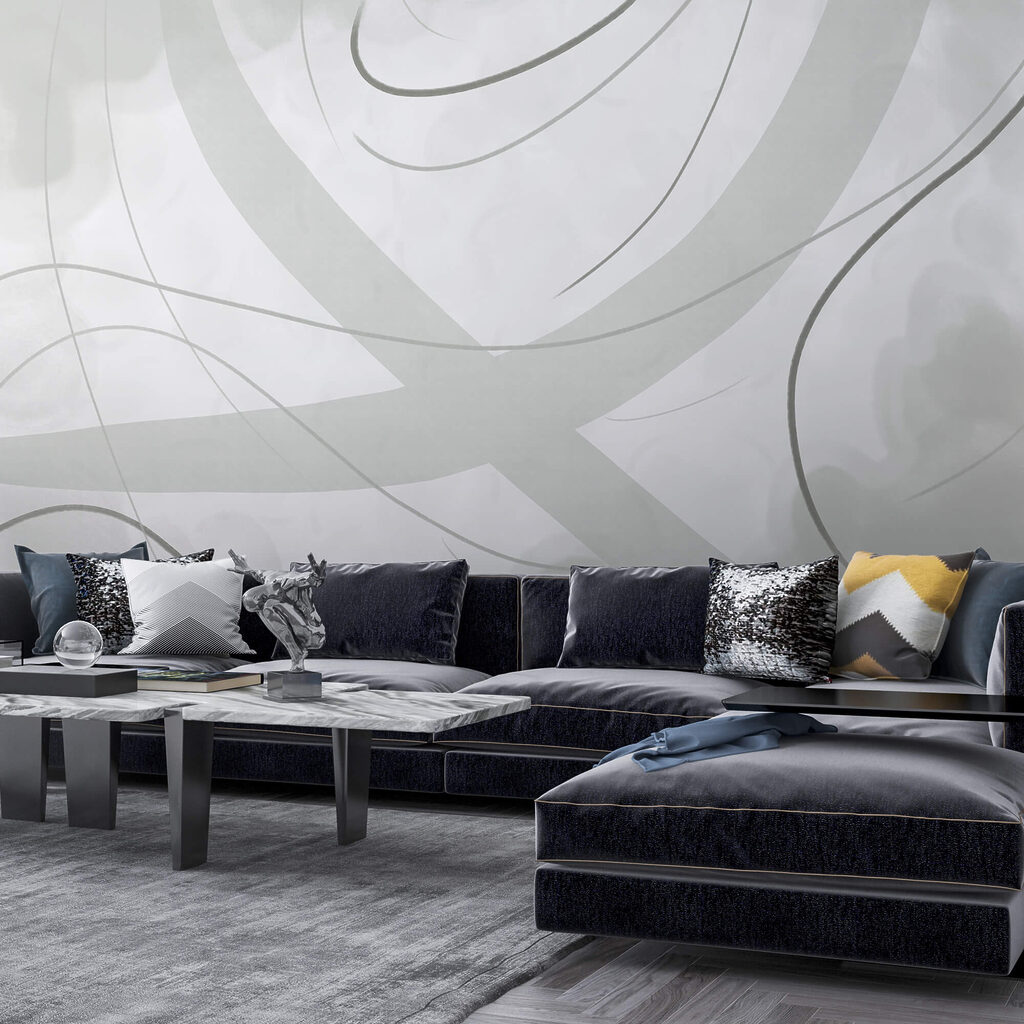 White and grey background with lines and curves