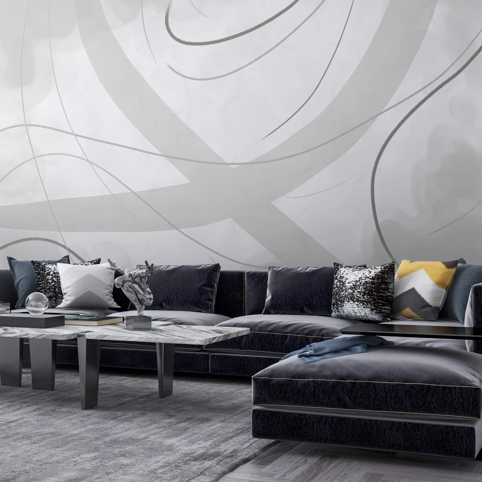 White and grey background with lines and curves