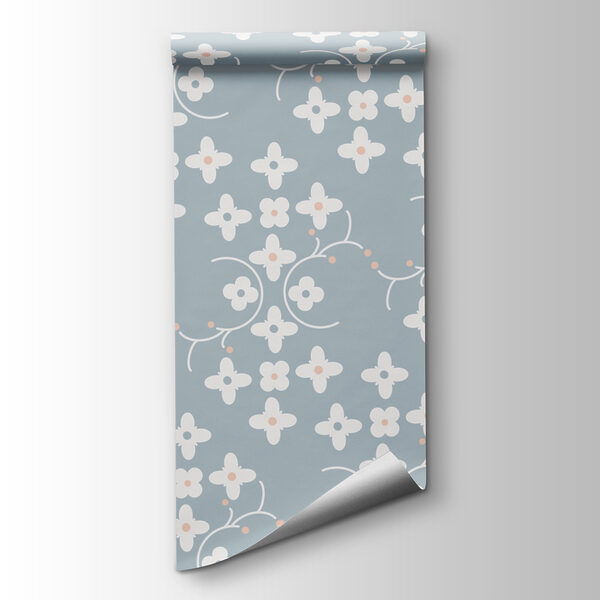 Pattern of white flowers and pink dots on a blue background