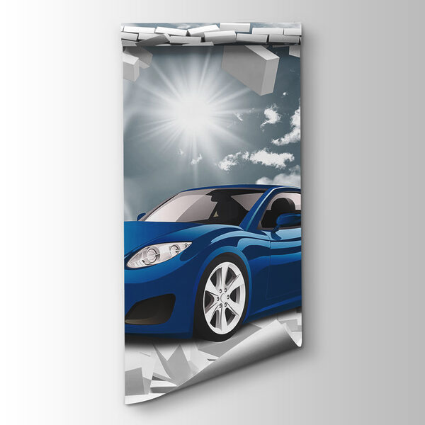 Blue car in a wall of white bricks Blue car in a wall of white bricks