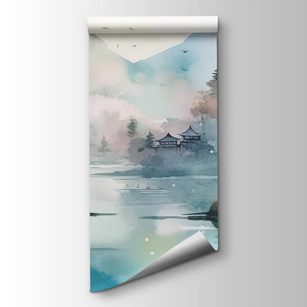 Watercolor painting of a lake with trees and mountains