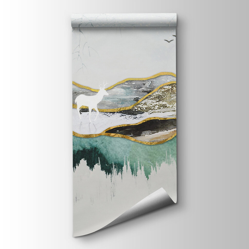 Painting of a deer and mountains