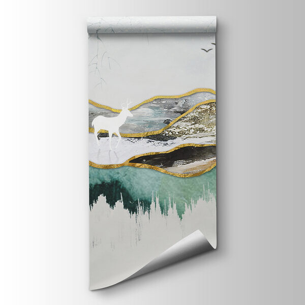 Painting of a deer and mountains