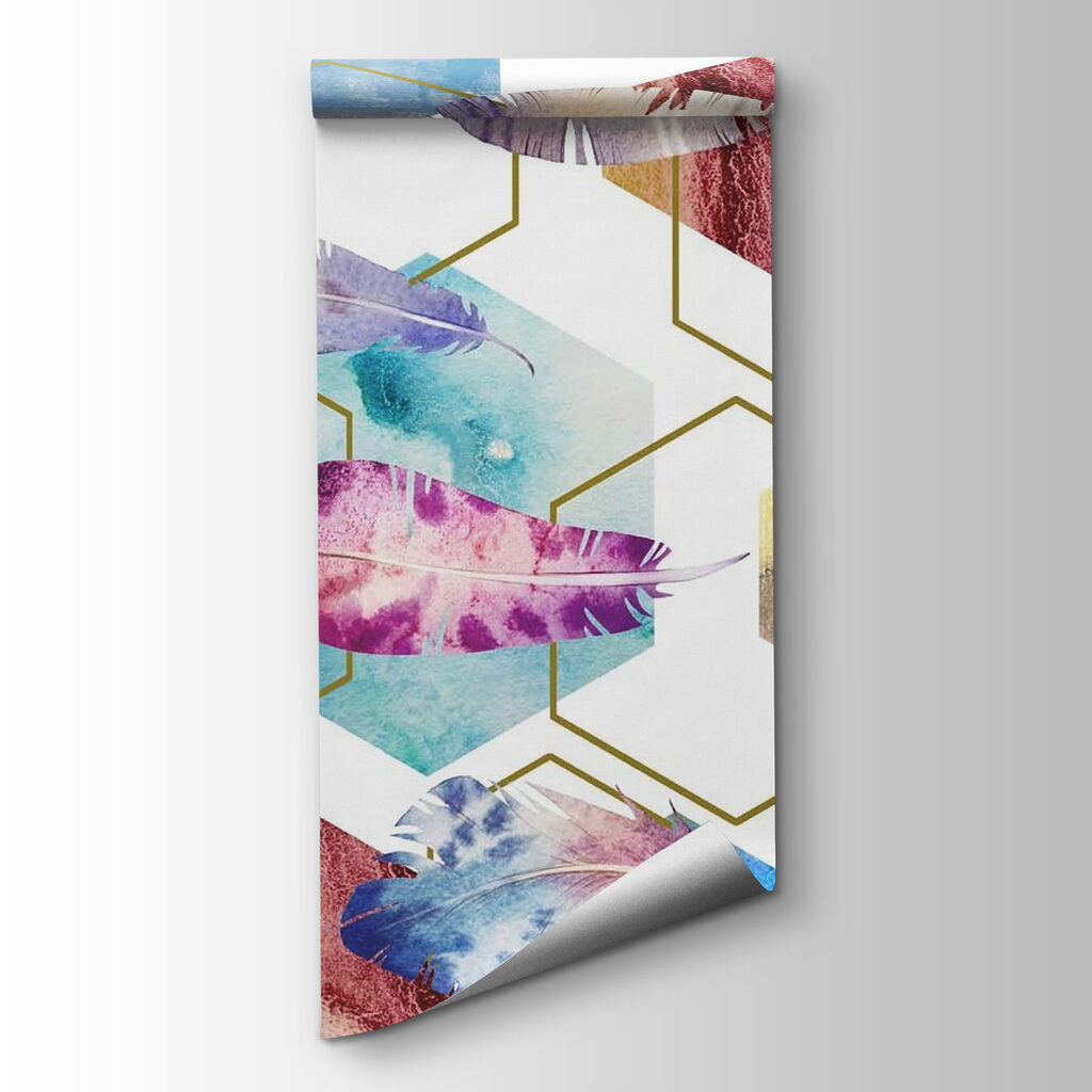 Colorful feathers and hexagons