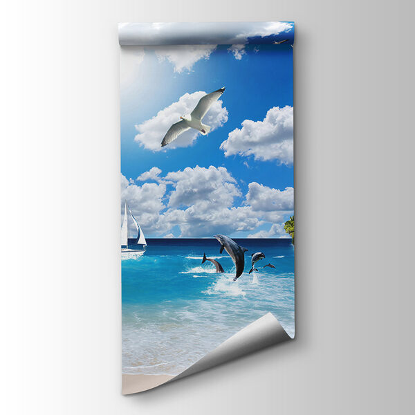 Wooden dock with palm trees and a beach with boats and dolphins