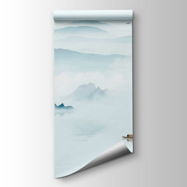 Boat in the water with mountains and birds flying Boat in the water with mountains and birds flying